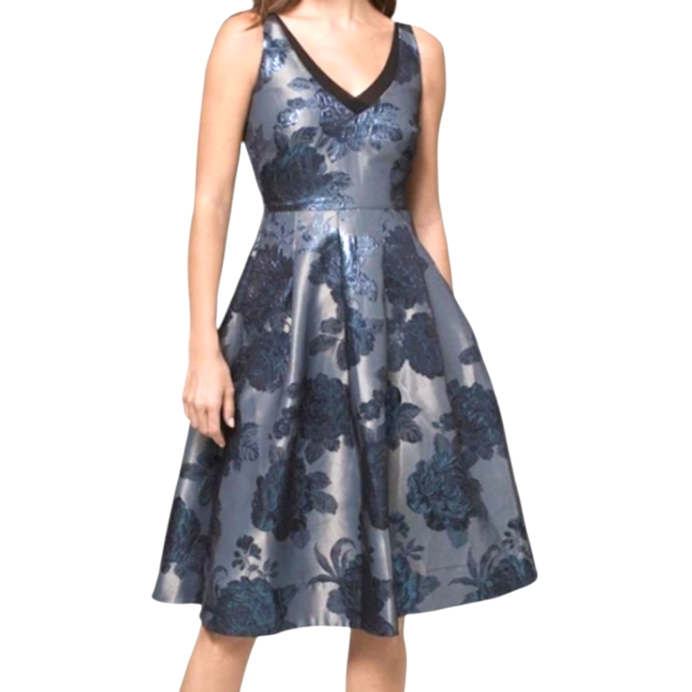 White House Black Market Metallic Blue Jacquard A-Line Dress 14